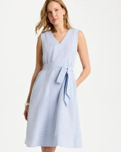 Seersucker V-Neck Sleeveless Dress