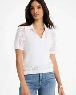 Sequin Pointelle Pullover Polo Sweater