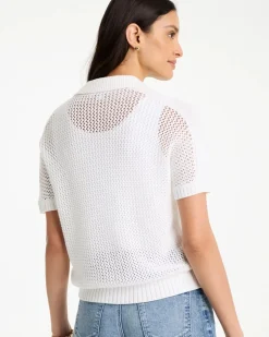 Sequin Pointelle Pullover Polo Sweater
