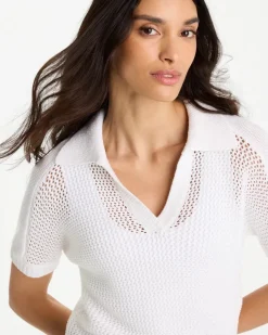 Sequin Pointelle Pullover Polo Sweater