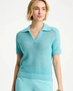 Sequin Pointelle Pullover Polo Sweater