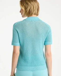 Sequin Pointelle Pullover Polo Sweater
