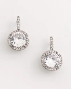 Silvertone Bezel Set Cubic Zirconia Halo Earrings