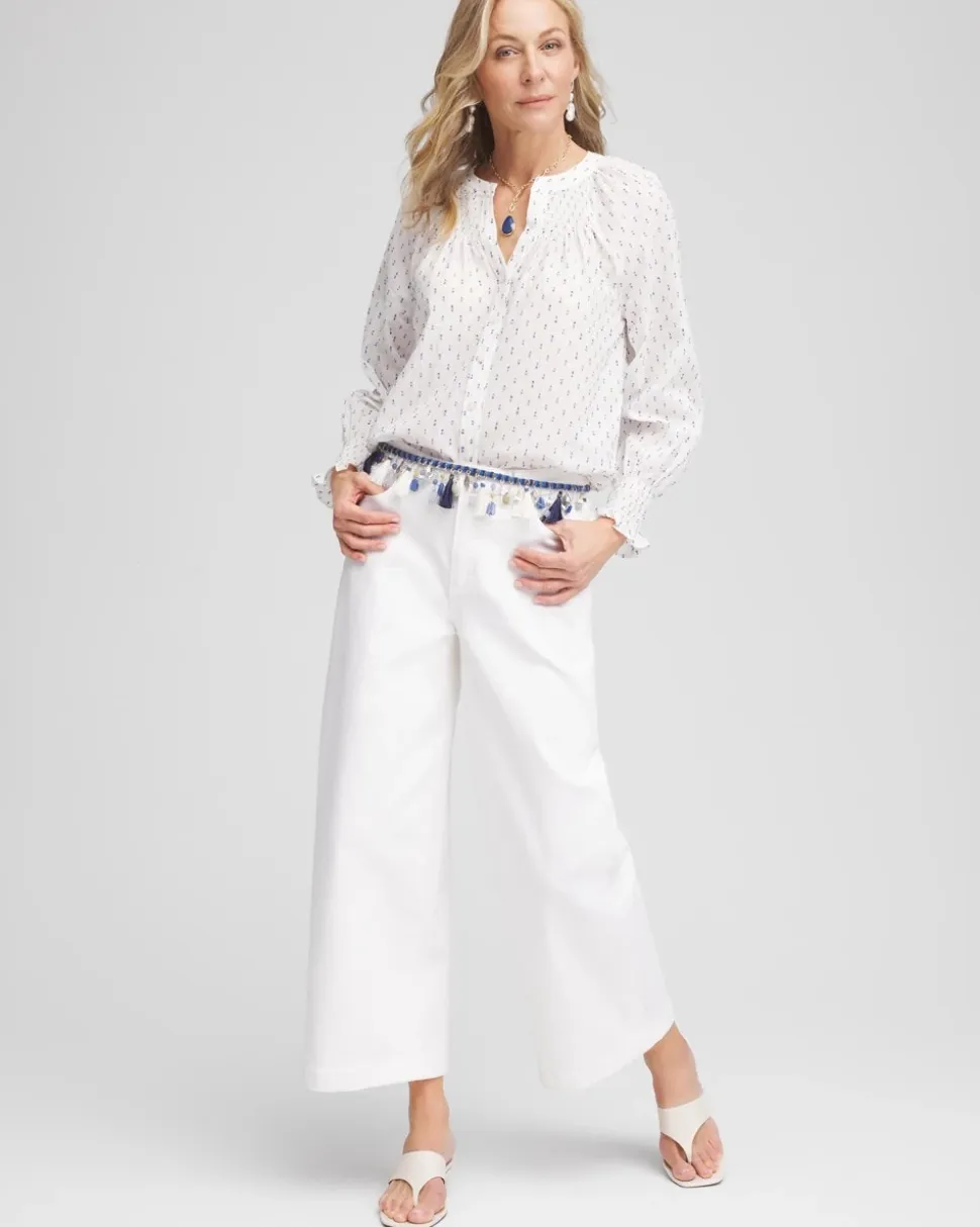 Smocked Split-neck Blouse
