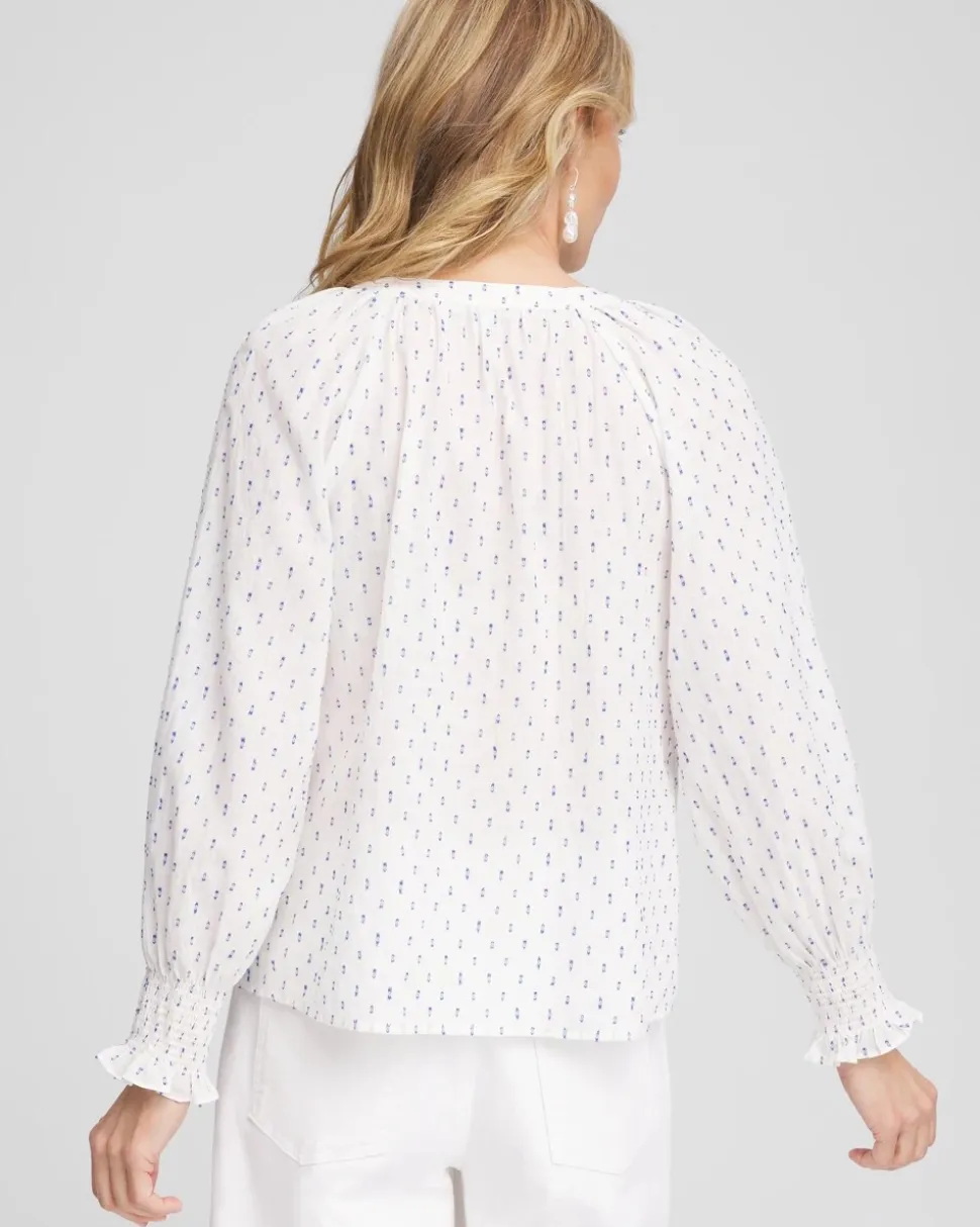Smocked Split-neck Blouse