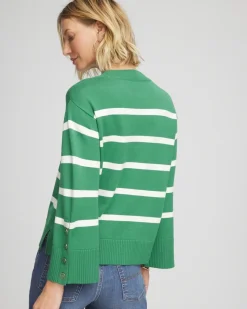 Striped Button Sleeve Crewneck Pullover Sweater