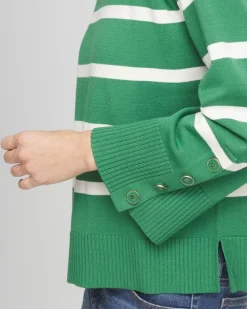 Striped Button Sleeve Crewneck Pullover Sweater