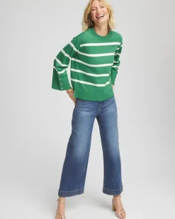 Striped Button Sleeve Crewneck Pullover Sweater