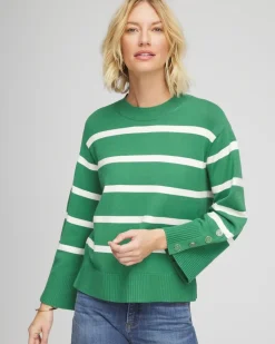 Striped Button Sleeve Crewneck Pullover Sweater