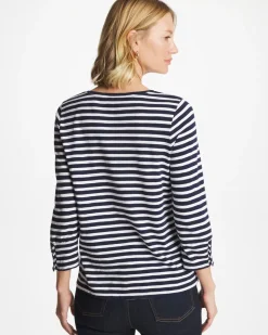 Striped Cotton Slub 3/4 Sleeve Button Tee