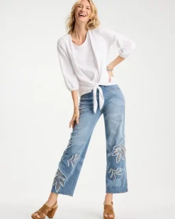 Tropical Embroidery Pull-On Wide Crop Jean